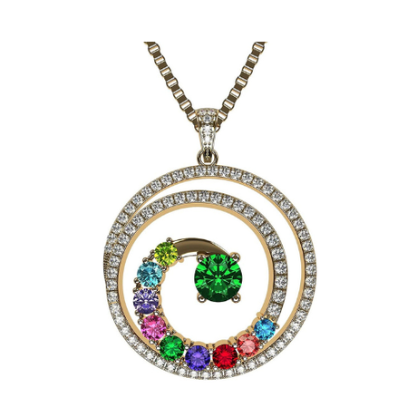 Central Diamond Center Swirl Birthstone Mothers Necklace w/ 1 to 9 Simulated Gemstones in Silver, 10K, or 14K Gold For Women