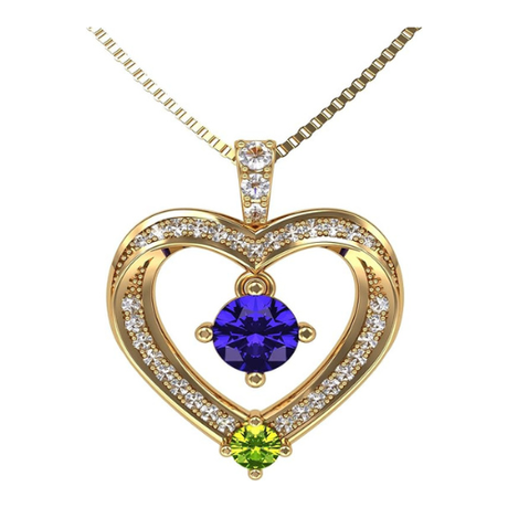 Central Diamond Center Couples 2 Stone Heart Pendant w/ Simulated Birthstones, Includes 0.8mm 22" Adj. Box Chain