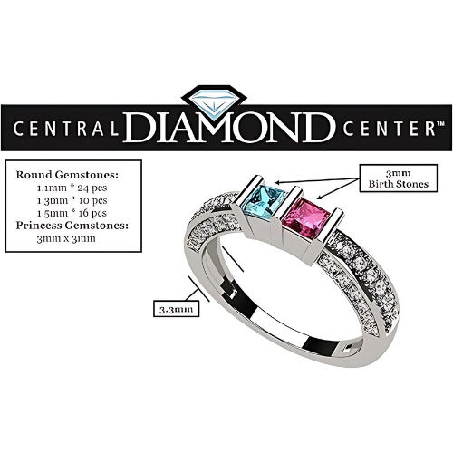 Central Diamond Center Princess Mothers Birthstone Ring w/Accent CZs on 3 Sides w/1-6 Simulated Gemstones in Silver, 10K or 14K Gold