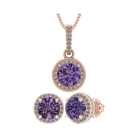 Central Diamond Center Round Halo Earring & Necklace Set w/ 6.5mm Simulated Birthstones in 925 Sterling Silver, Hypoallergenic