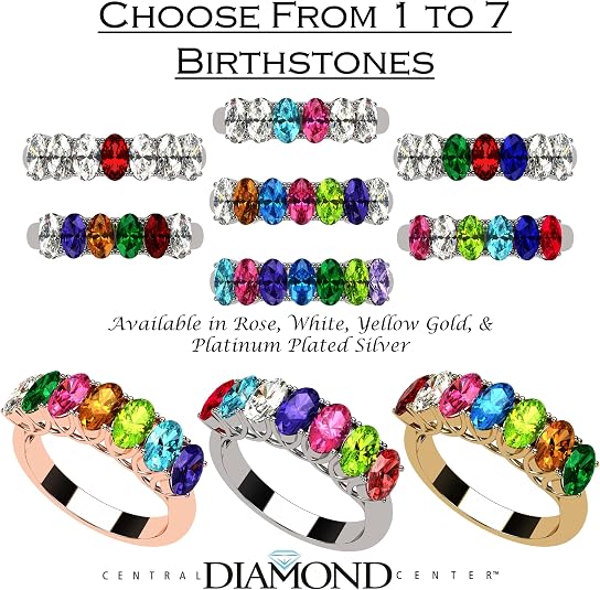 Central Diamond Center Oval Cut  Lucita Mothers Rings w/ 1 to 7 Simulated Birthstones in Sterling Silver, 10K or 14K Gold