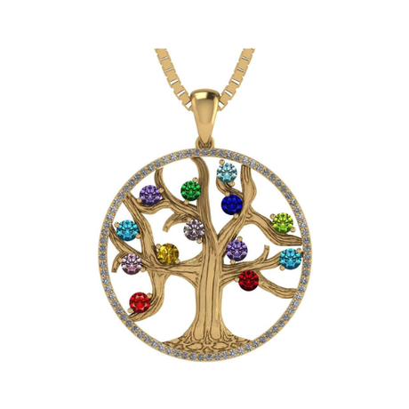 Mothers Tree of Life Birthstone Necklace w/ 1-13 Simulated Gemstones & CZ Bezel in Silver, 10K, 14K Gold