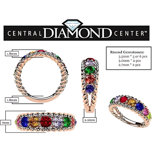 Central Diamond Center Rope Mothers Birthstone Ring with 1 to 10 Simulated Birthstones, Sterling Silver, 10K or 14K Gold