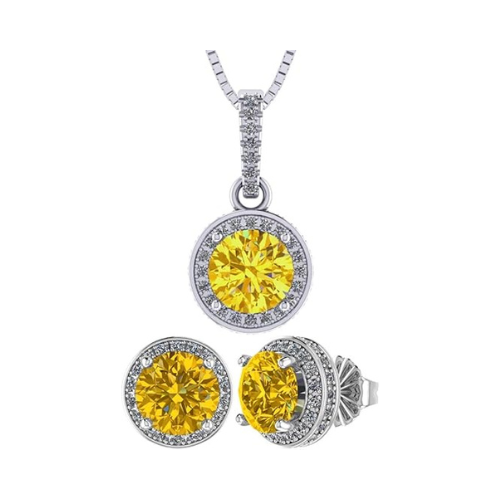 Central Diamond Center Round Halo Earring & Necklace Set w/ 6.5mm Simulated Birthstones in 925 Sterling Silver, Hypoallergenic