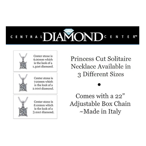 Princess Cut Solitaire Necklace, 4 Prong Sterling Silver w/Pure Brilliance Zirconia, 6.0mm, 7.0mm & 8.0mm