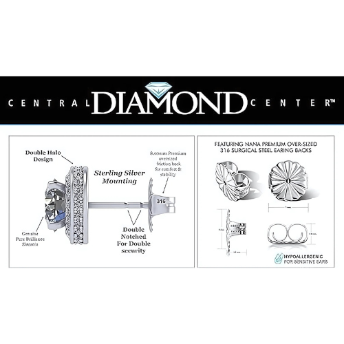 Central Diamond Center Round Halo Earring & Necklace Set w/ 6.5mm Simulated Birthstones in 925 Sterling Silver, Hypoallergenic
