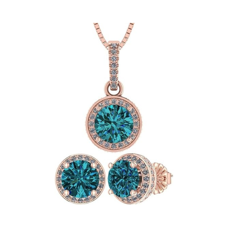 Central Diamond Center Round Halo Earring & Necklace Set w/ 6.5mm Simulated Birthstones in 925 Sterling Silver, Hypoallergenic