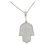Central Diamond Center Simulated Diamonds Halo Hamsa Pendant Sterling Silver and box chain
