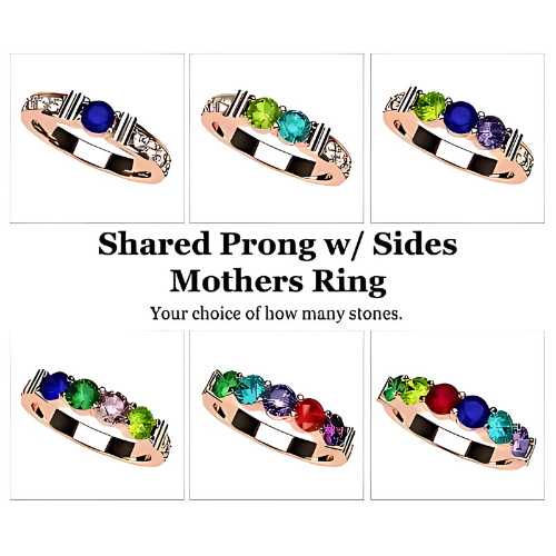 Central Diamond Center Shared Prong w/ Sides Mothers Birthstone Ring w/ 1-6 Simulated Gemstones in Sterling Silver, 10K, or 14K Gold