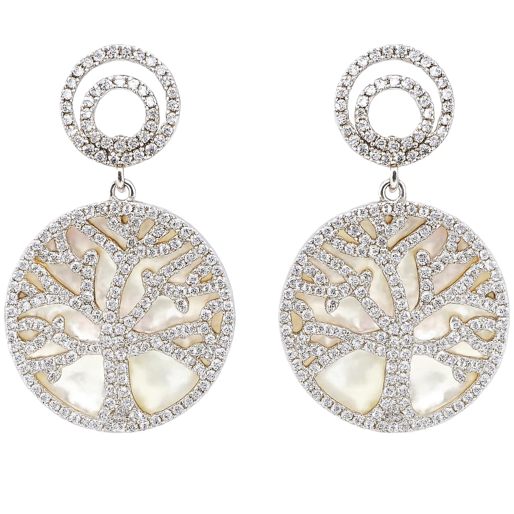 Central Diamond Center Sterling Silver Tree of Life Pendant Necklace or Earrings with CZ and Mother of Pearl – Gift for Women
