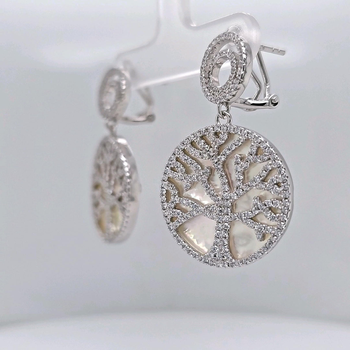 Central Diamond Center Sterling Silver Tree of Life Pendant Necklace or Earrings with CZ and Mother of Pearl – Gift for Women