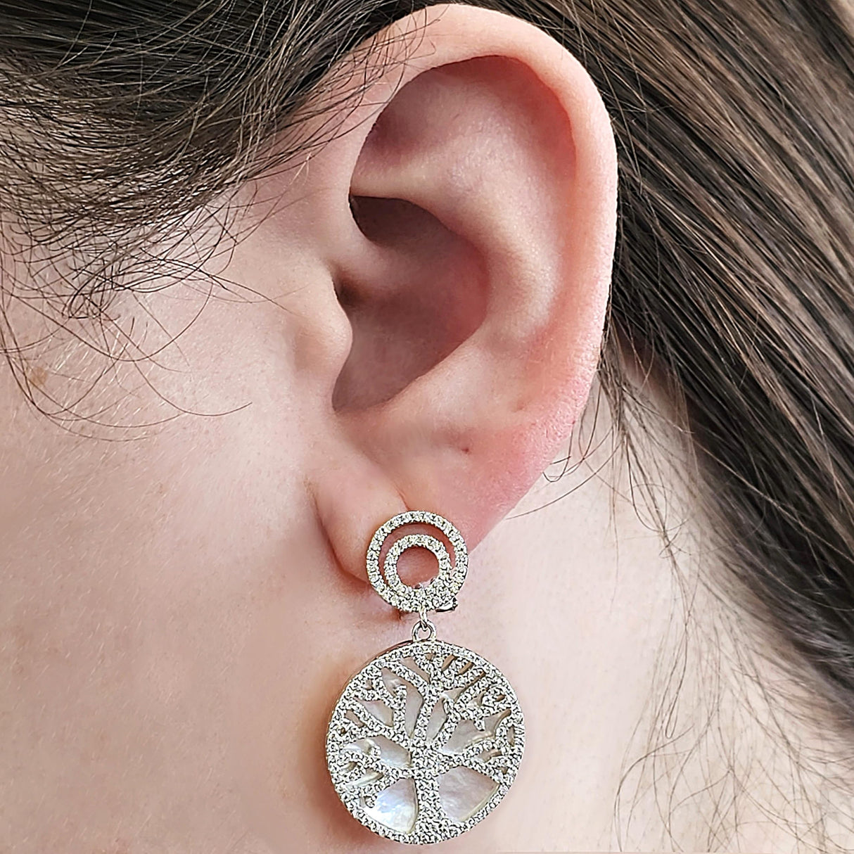Central Diamond Center Sterling Silver Tree of Life Pendant Necklace or Earrings with CZ and Mother of Pearl – Gift for Women