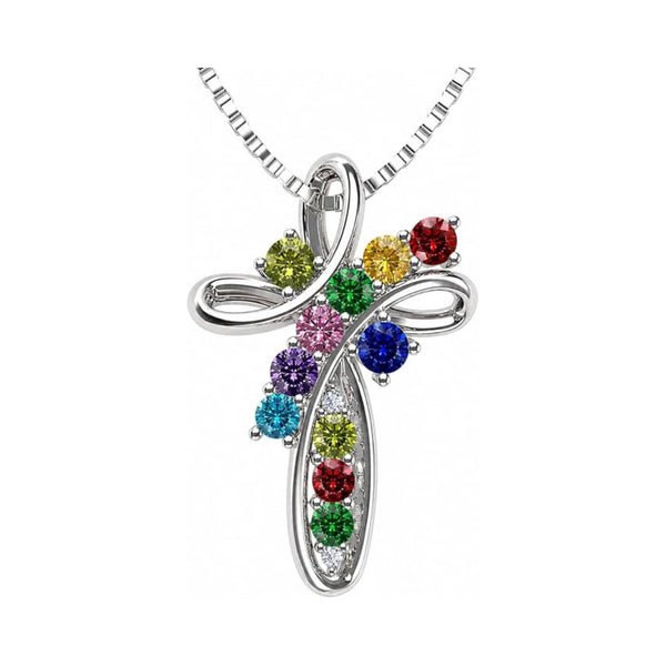 Central Diamond Center Family Cross Birthstone Mothers Necklace w/ 1 to 11 Simulated Birthstones in Solid 925 Sterling Silver
