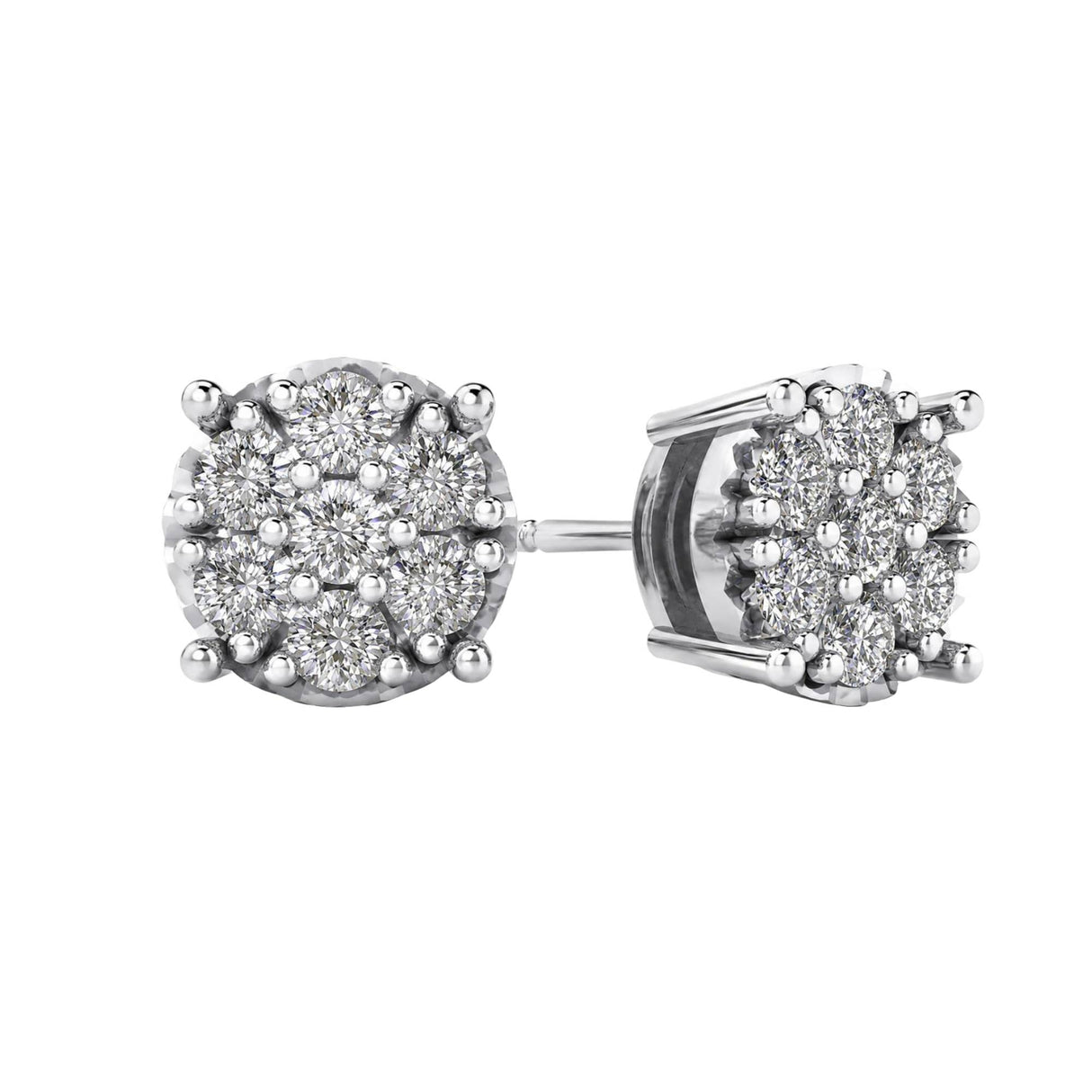 Diamond Stud Earrings CVD Lab Grown Diamonds solid 14K post & Silver basket, 7 or 9 Stone Cluster