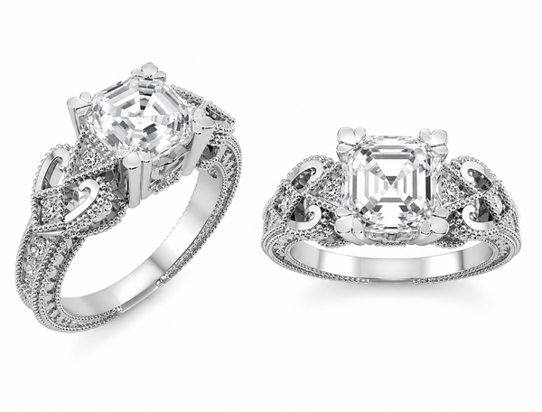 Central Diamond Center Asscher Cut Engagement Ring Pure Brilliance Zirconia, Vintage & Antique Look, Sterling Silver, 10K or 14K Gold