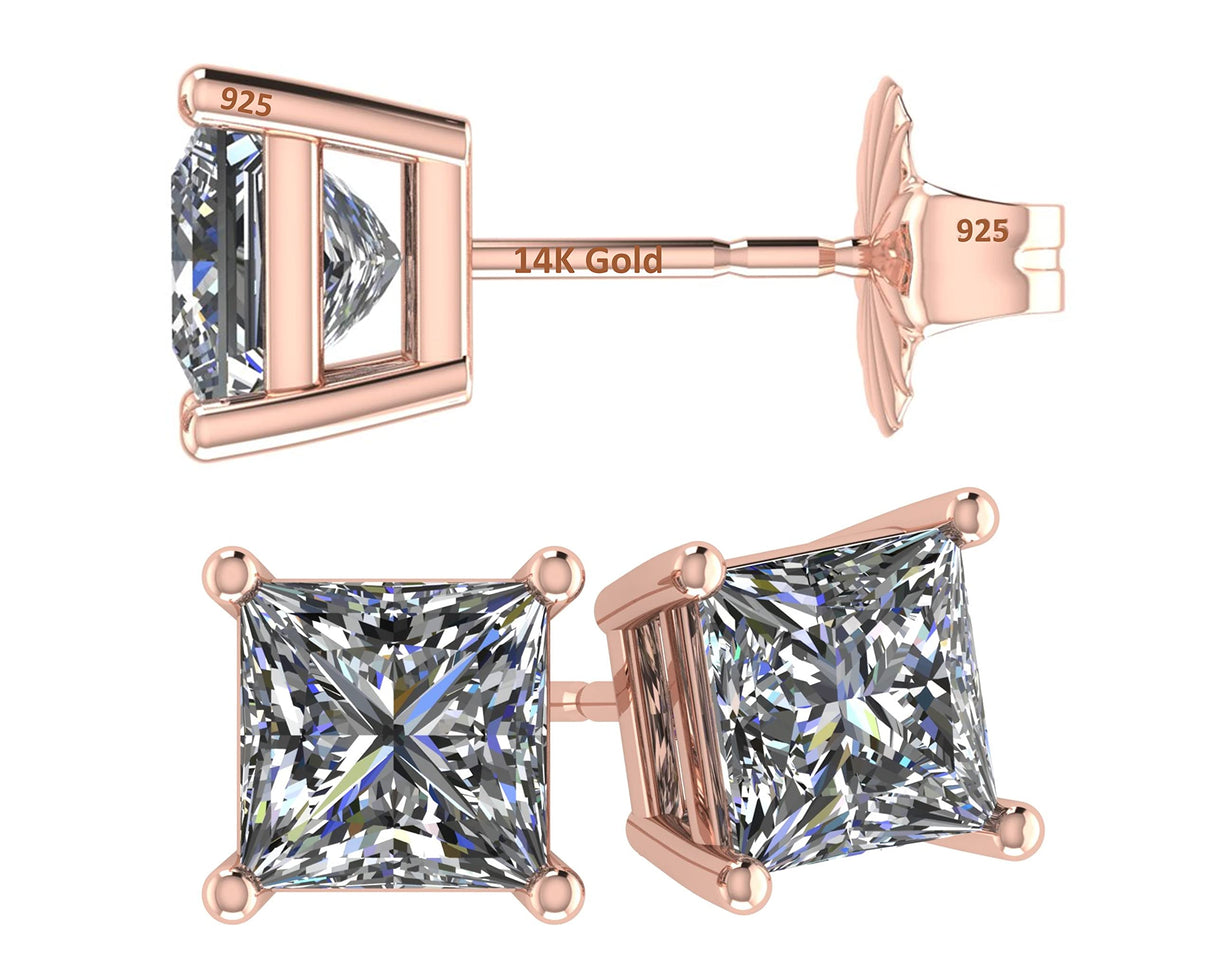 14K Gold Posts & Sterling Silver Princess Cut CZ Stud Earrings w/Pure Brilliance Zirconia, 1.50-4.00ctw