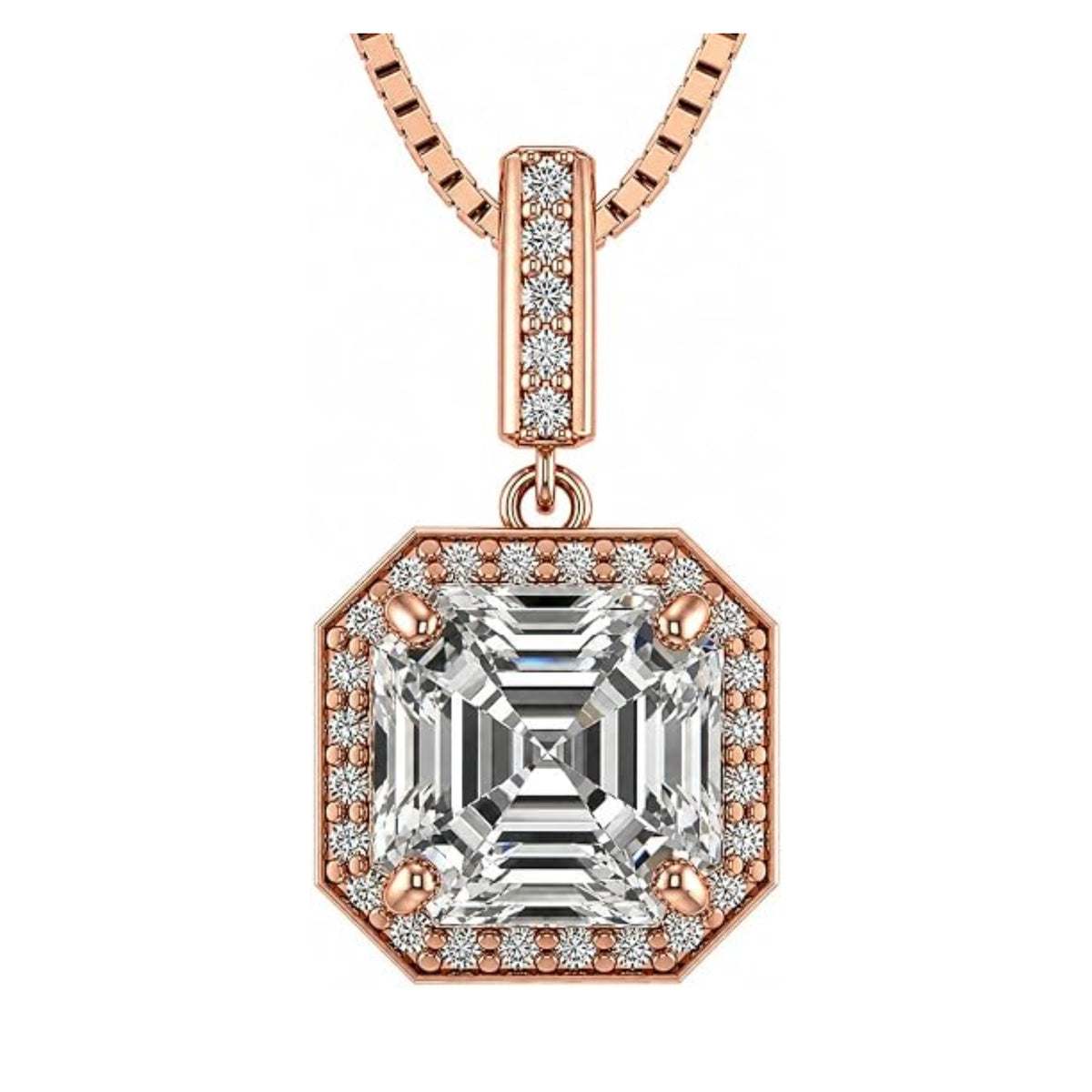 NANA Asscher Cut Halo CZ Simulated Diamond Solitaire Necklace Sterling Silver 7mm Zirconia Center Gemstone