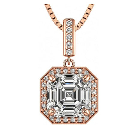 NANA Asscher Cut Halo CZ Simulated Diamond Solitaire Necklace Sterling Silver 7mm Zirconia Center Gemstone