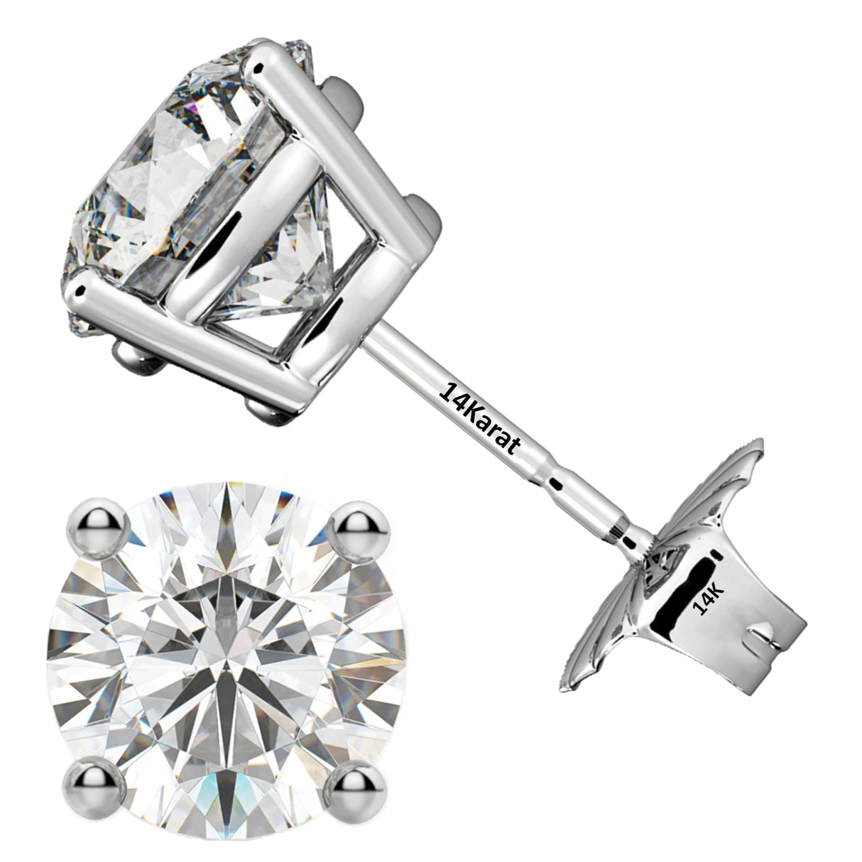 Central Diamond Center Round Cut CVD Lab-grown Diamond Stud Earrings 14K solid Gold from 0.20ct to 2.00ct E-F VS-SI