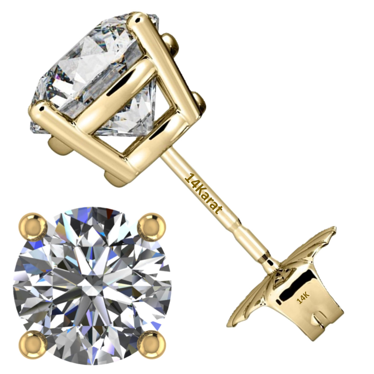 Central Diamond Center Round Cut CVD Lab-grown Diamond Stud Earrings 14K solid Gold from 0.20ct to 2.00ct E-F VS-SI