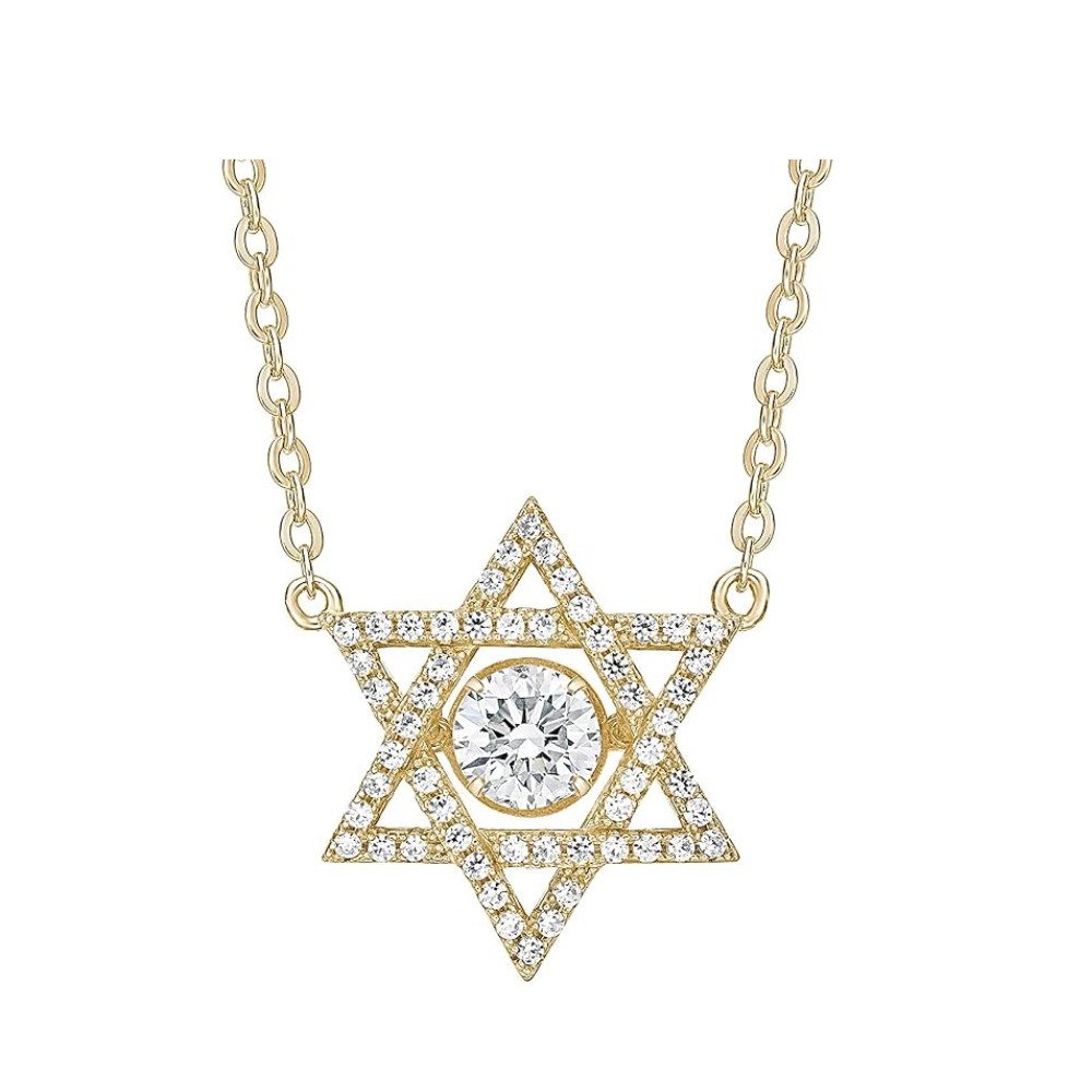 Central Diamond Center Star of David Dancing Gemstone Necklace for Women, Sterling Silver w/Pure Brilliance CZ, Chain Attached