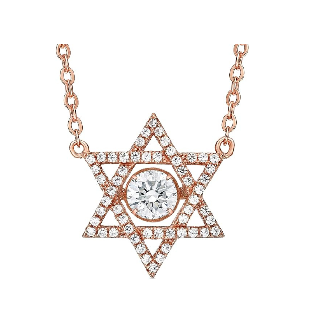 Central Diamond Center Star of David Dancing Gemstone Necklace for Women, Sterling Silver w/Pure Brilliance CZ, Chain Attached