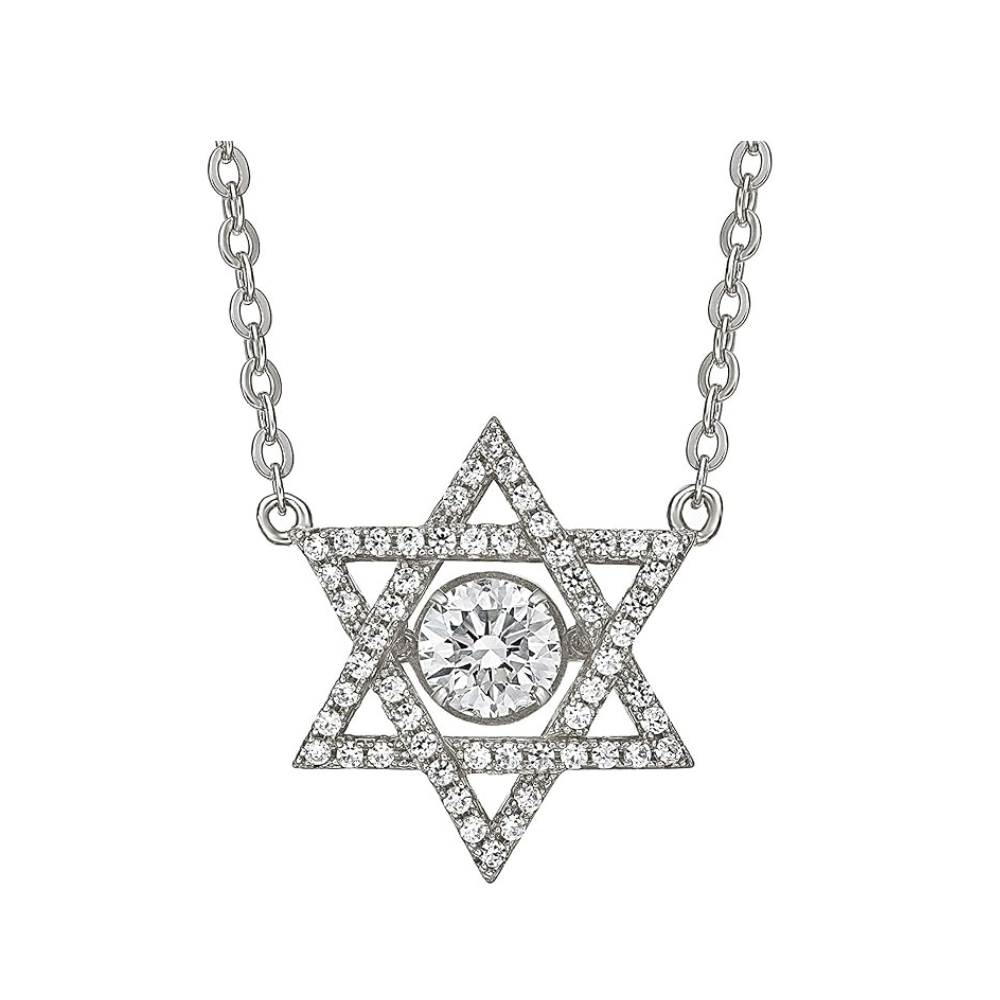 Central Diamond Center Star of David Dancing Gemstone Necklace for Women, Sterling Silver w/Pure Brilliance CZ, Chain Attached