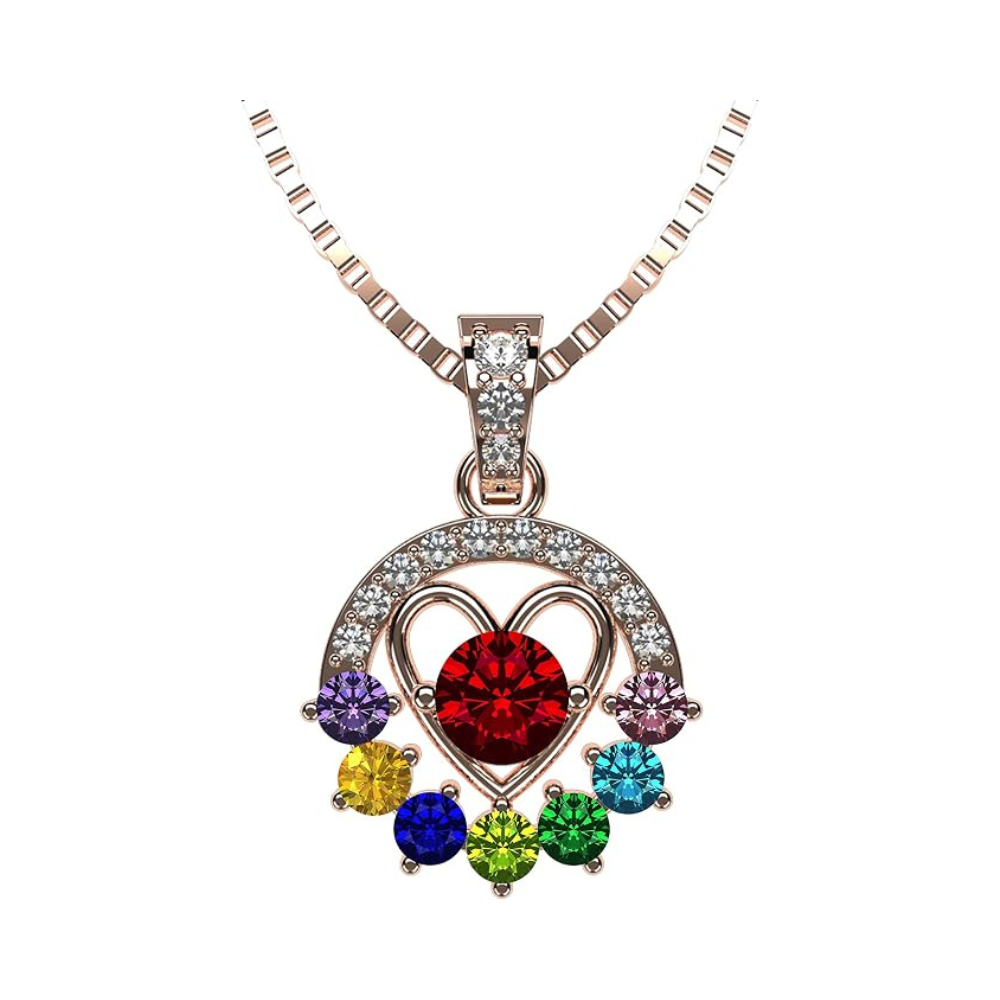 Central Diamond Center Heart in Circle Birthstone Mothers Necklace w/ 1-7 Simulated Gemstones in Solid Sterling Silver for Women