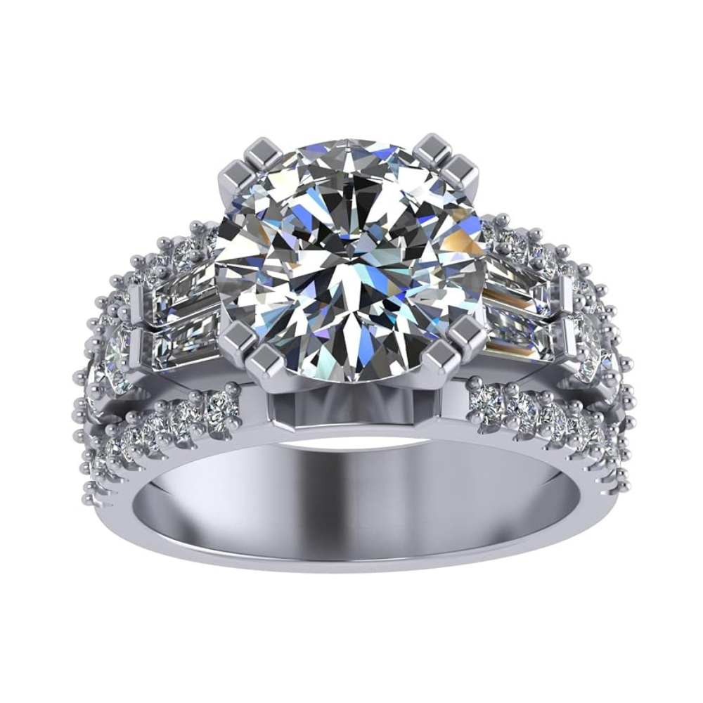 3.00 Carat Simulate Diamond Engagement Ring-Round & Baguette 5.00ct twt-Platinum Plated Sterling Silver