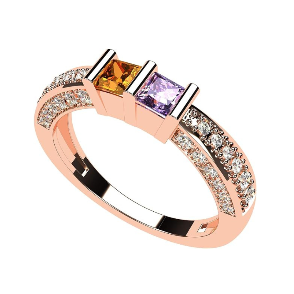 Central Diamond Center Princess Cut Birthstone Couples Ring w/CZs on 3 Sides, Sterling Silver, 10K, or 14K Gold