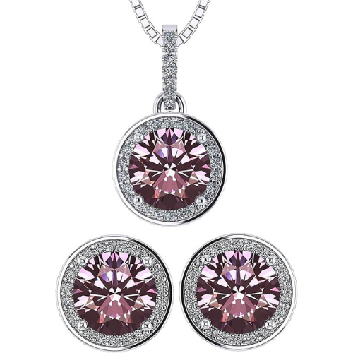 Central Diamond Center Round Halo Earring & Necklace Set w/ 6.5mm Simulated Birthstones in 925 Sterling Silver, Hypoallergenic
