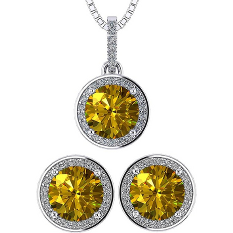Central Diamond Center Round Halo Earring & Necklace Set w/ 6.5mm Simulated Birthstones in 925 Sterling Silver, Hypoallergenic