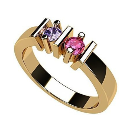 Central Diamond Center Straight Bar Couples 2 Stone Ring w/ Simulated Birthstones in Sterling Silver, 10K or 14K Gold