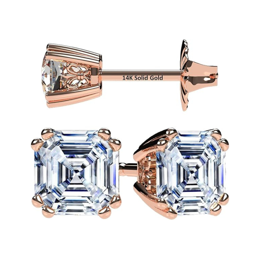NANA Jewels Asscher Cut 14K Solid Gold Posts & Sterling Silver Simulated Diamond Stud Earrings 0.75 to 4.00ctw CZ