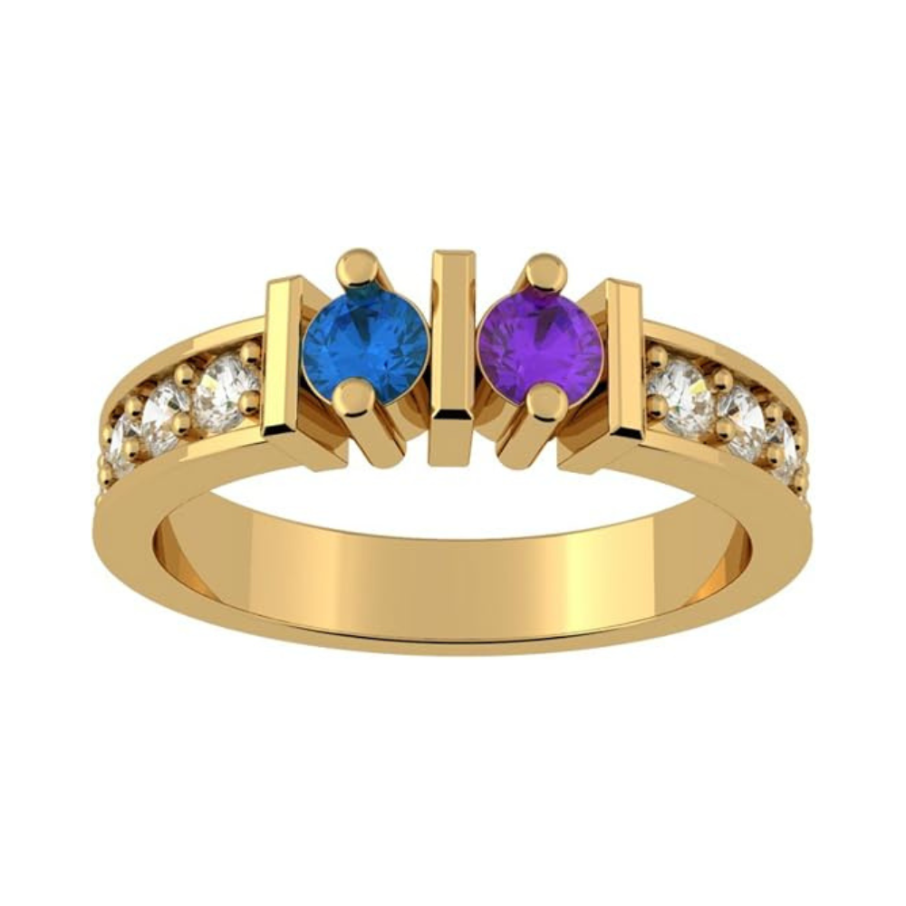 Central Diamond Center Straight Bar w/ Sides Couples 2 Stone Ring w/ Simulated Birthstones Silver or 10K, 14K Gold