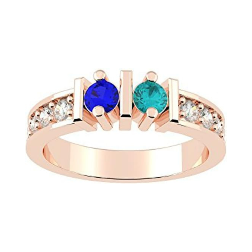 Central Diamond Center Straight Bar w/ Sides Couples 2 Stone Ring w/ Simulated Birthstones Silver or 10K, 14K Gold