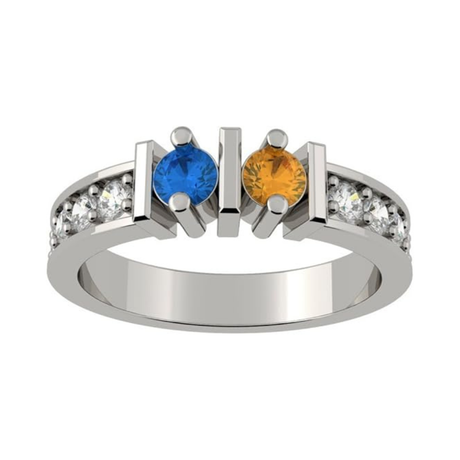 Central Diamond Center Straight Bar w/ Sides Couples 2 Stone Ring w/ Simulated Birthstones Silver or 10K, 14K Gold