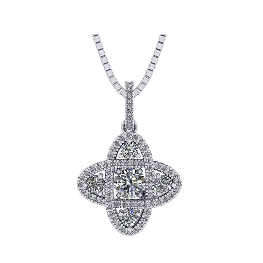 Central Diamond Center 4 Points Dancing Gemstone Pendant Necklace in Sterling Silver & Pure Brilliance Zirconia CZ
