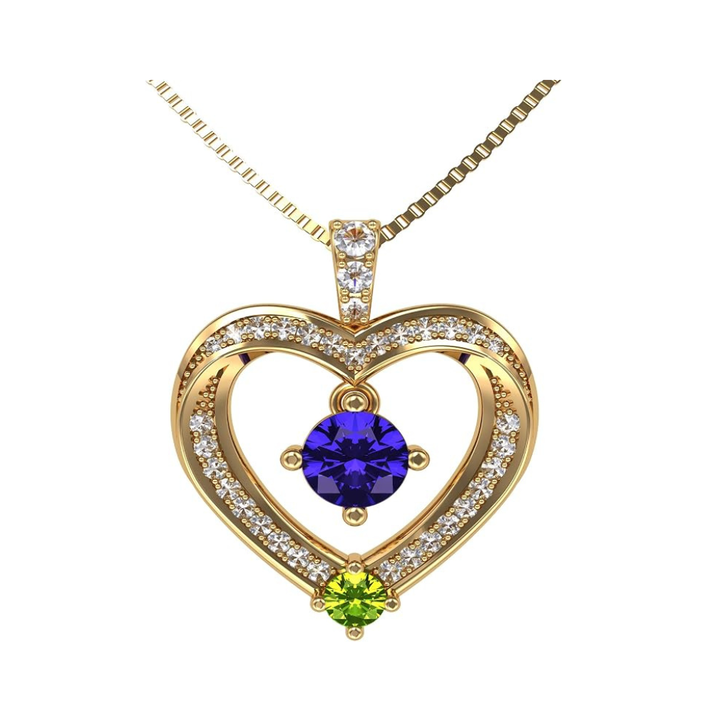 Central Diamond Center Couples 2 Stone Heart Pendant w/ Simulated Birthstones, Includes 0.8mm 22" Adj. Box Chain