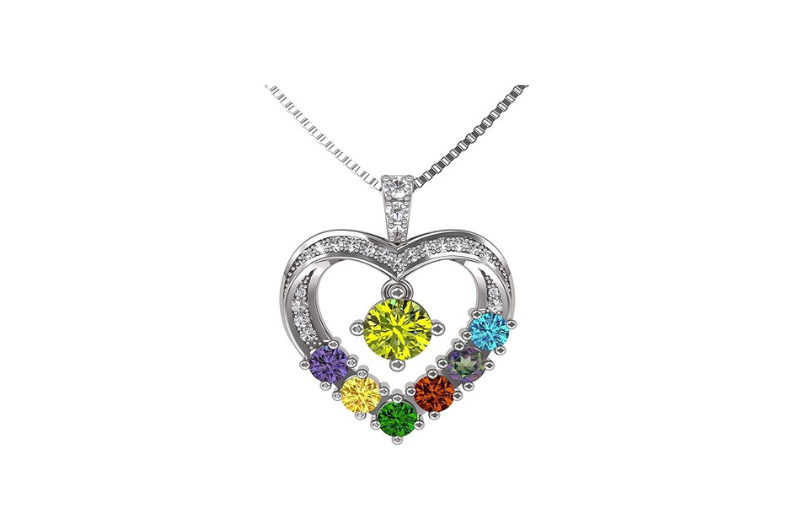 Central Diamond Center Mother & Child Heart Birthstone Necklace w/ 1-6 Simulated Gemstones in Sterling Silver, 10K, or 14K Gold