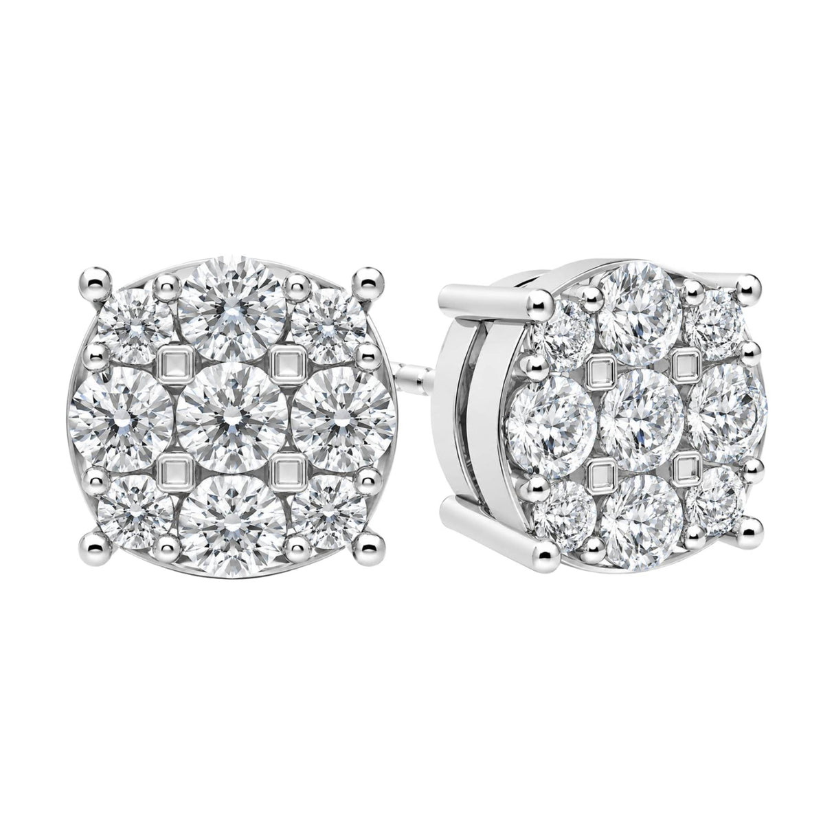 Diamond Stud Earrings CVD Lab Grown Diamonds solid 14K post & Silver basket, 7 or 9 Stone Cluster