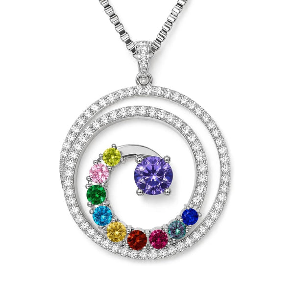 Central Diamond Center Swirl Birthstone Mothers Necklace w/ 1 to 9 Simulated Gemstones in Silver, 10K, or 14K Gold For Women