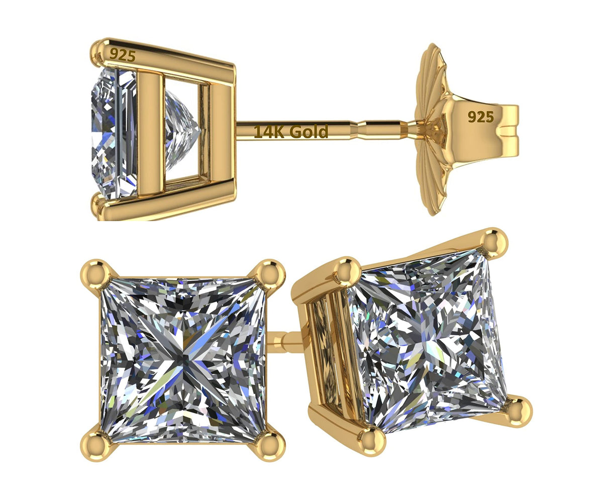 14K Gold Posts & Sterling Silver Princess Cut CZ Stud Earrings w/Pure Brilliance Zirconia, 1.50-4.00ctw