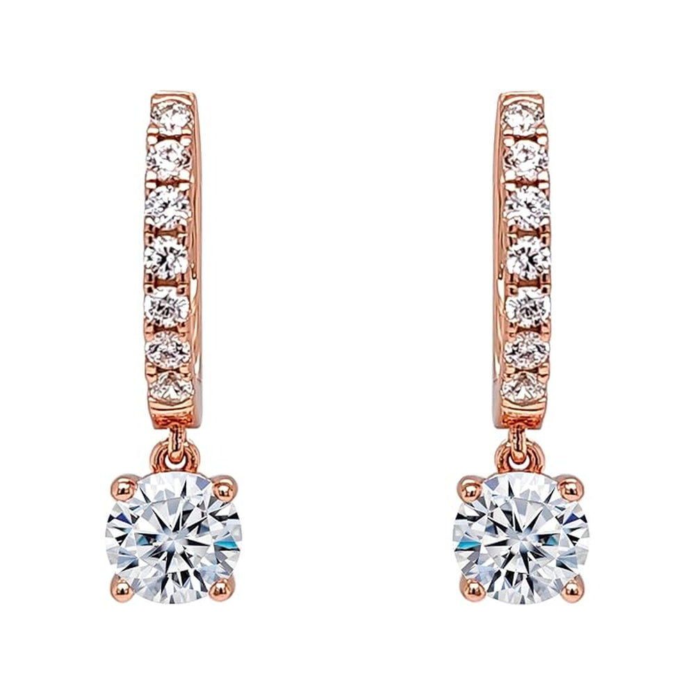 Central Diamond Center Sterling Silver Hoop Earrings with Round-Cut Simulated Diamond Dangle – 2.5 CTW CZ, Prong Set, Elegant Drop Hoops for Women
