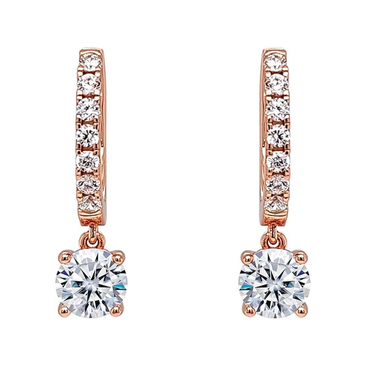 Central Diamond Center Sterling Silver Hoop Earrings with Round-Cut Simulated Diamond Dangle – 2.5 CTW CZ, Prong Set, Elegant Drop Hoops for Women