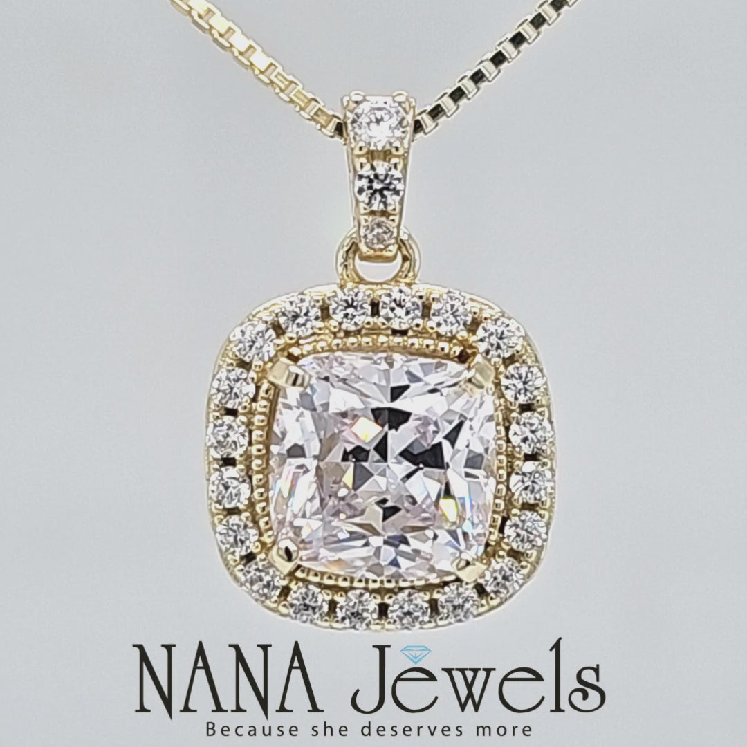 NANA Jewels Cushion Cut Halo CZ Simulated Diamond Solitaire Necklace Sterling Silver 8mm Zirconia Center Gemstone