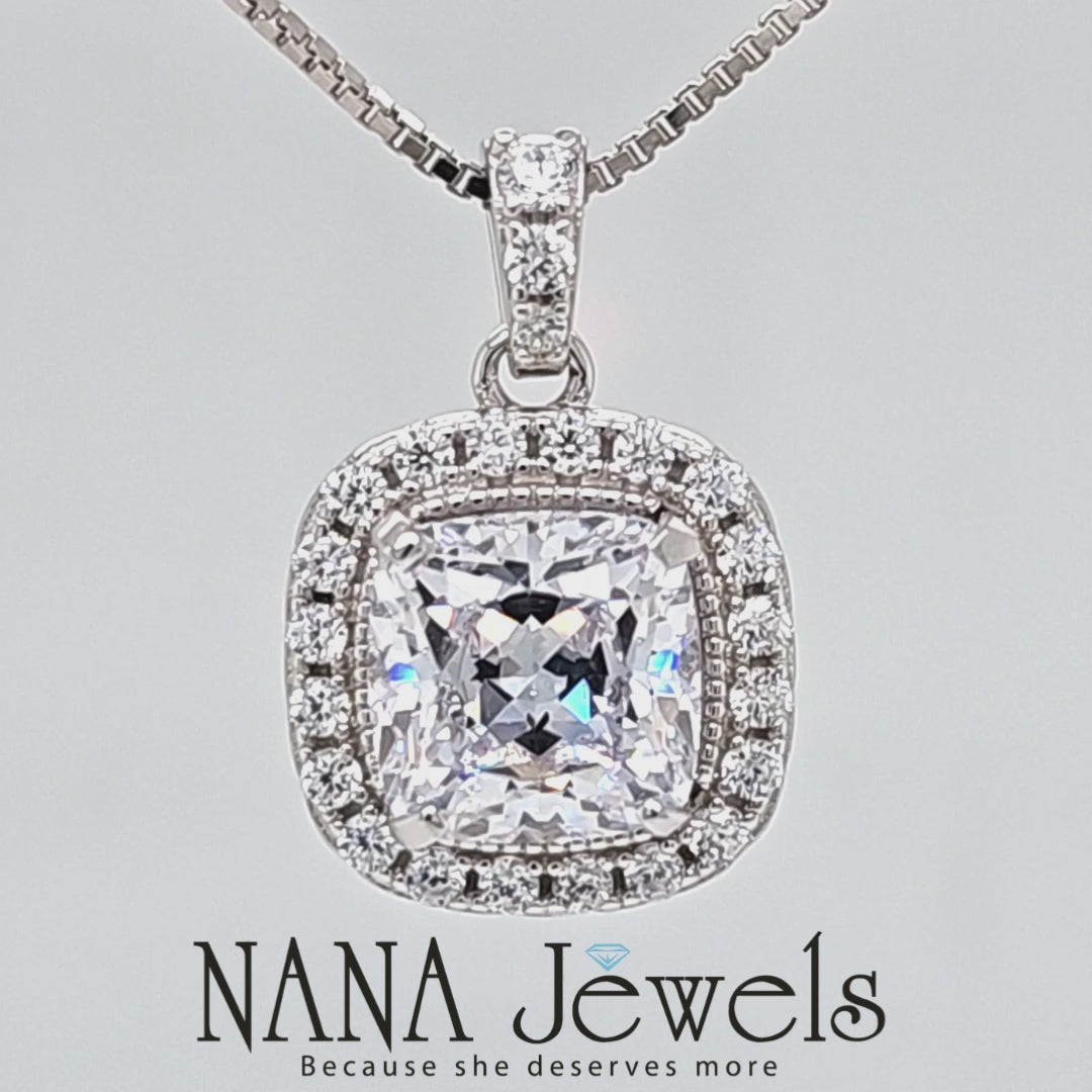 NANA Jewels Cushion Cut Halo CZ Simulated Diamond Solitaire Necklace Sterling Silver 8mm Zirconia Center Gemstone