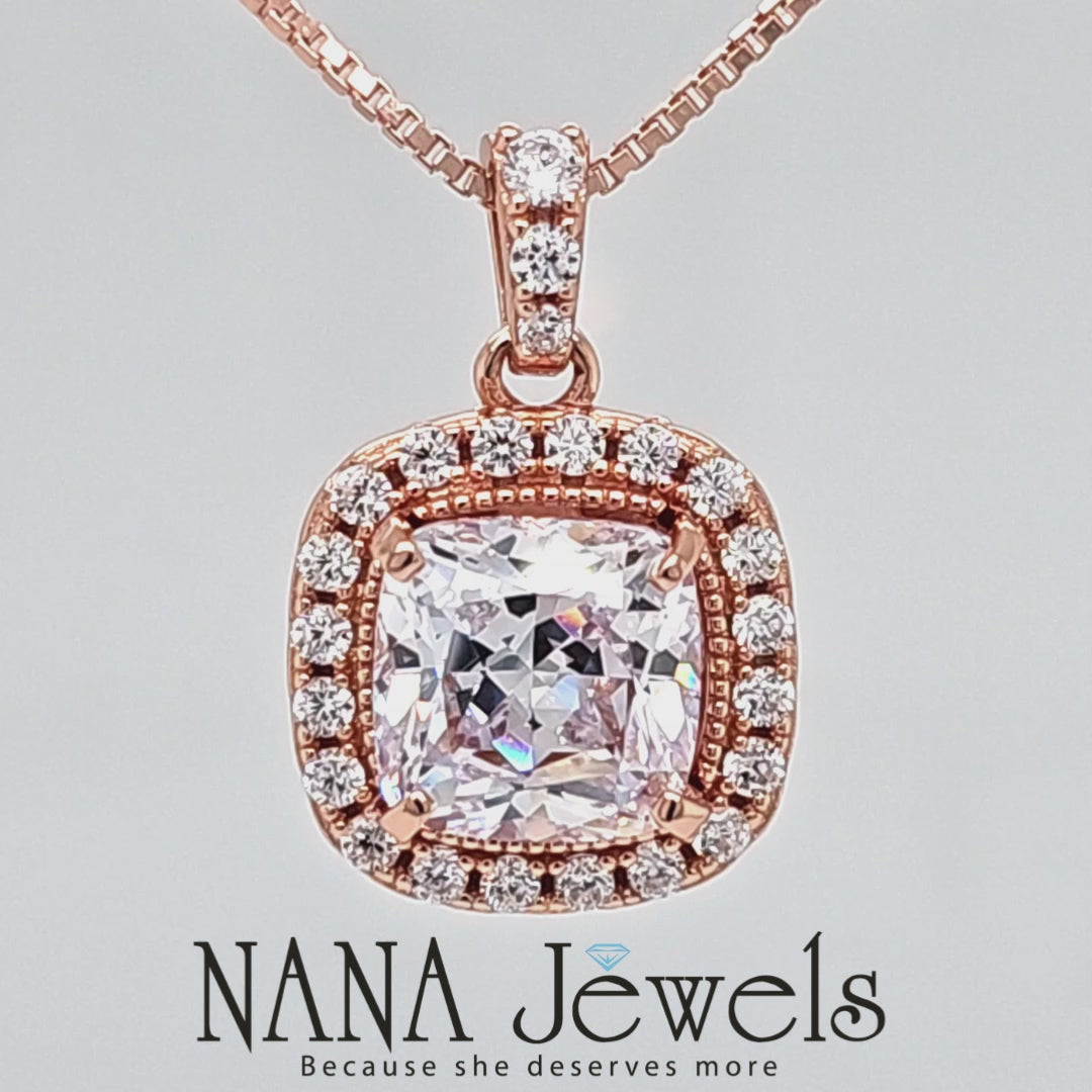 NANA Jewels Cushion Cut Halo CZ Simulated Diamond Solitaire Necklace Sterling Silver 8mm Zirconia Center Gemstone