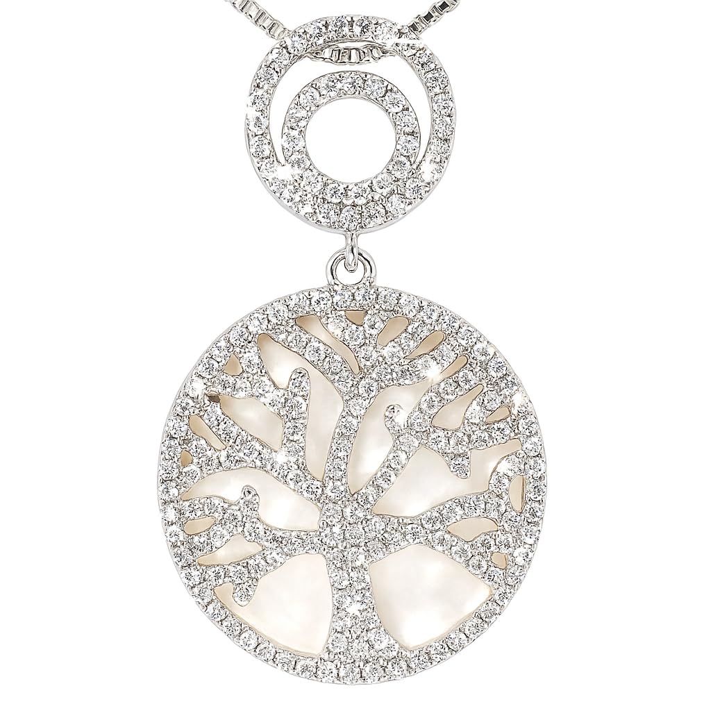 Central Diamond Center Sterling Silver Tree of Life Pendant Necklace or Earrings with CZ and Mother of Pearl – Gift for Women
