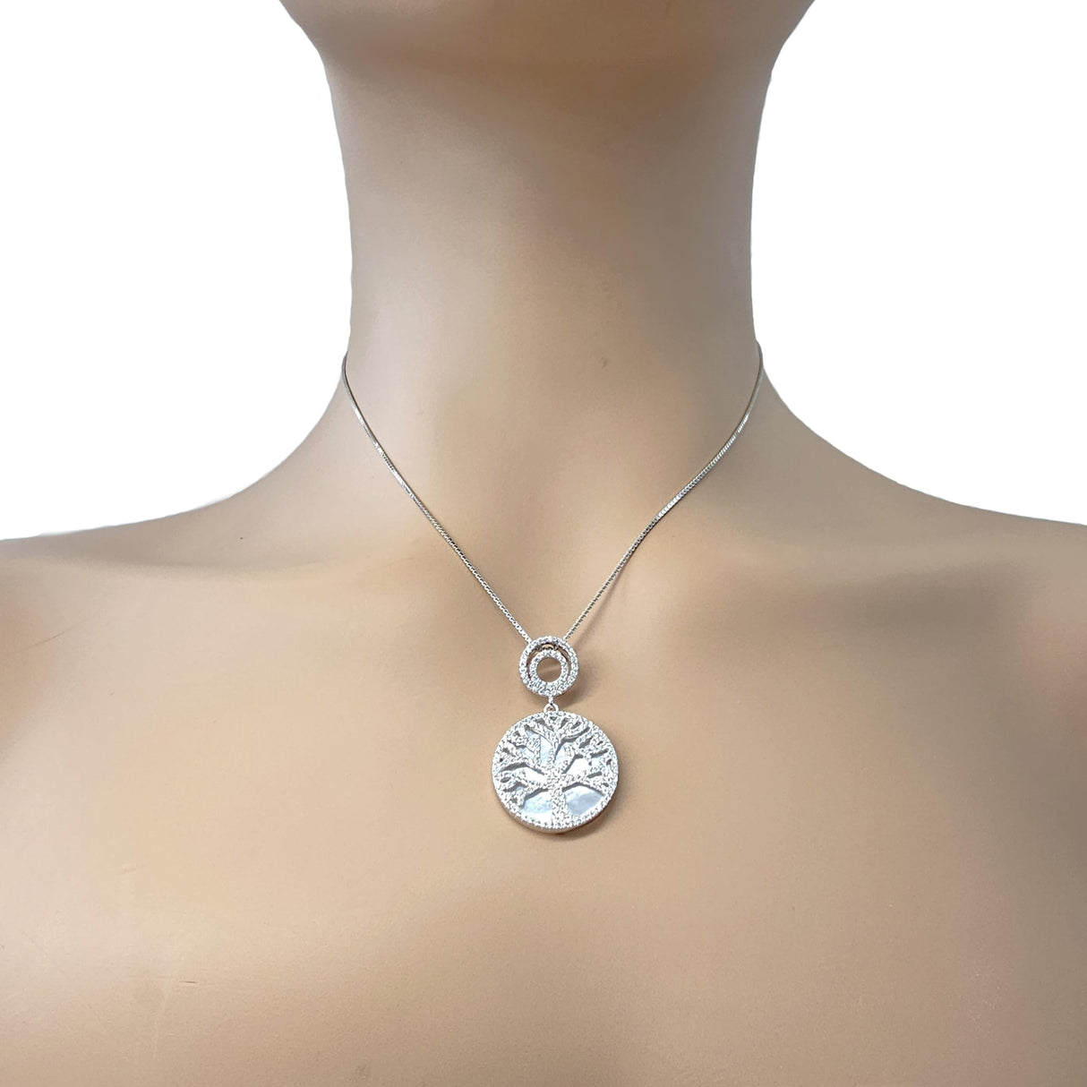 Central Diamond Center Sterling Silver Tree of Life Pendant Necklace or Earrings with CZ and Mother of Pearl – Gift for Women